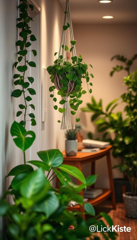 A stylish hallway filled with lush greenery, showcasing a harmonious blend of real and artificial plants. In the foreground, a vibrant potted fiddle leaf fig stands next to a hanging macramé plant holder with trailing ivy. The middle contains a wooden console table adorned with beautiful succulents and a decorative stone planter. The background features soft, ambient lighting that highlights the natural textures of the walls, creating a warm, welcoming atmosphere. The scene captures a cozy yet modern aesthetic, reminiscent of Pinterest inspiration. Use a shallow depth of field to focus on the plants, with a slightly blurred background to enhance the visual appeal. This image should reflect the essence of "KlickKiste" and evoke a sense of tranquility and style. A stylish hallway filled with lush greenery, showcasing a harmonious blend of real and artificial plants. In the foreground, a vibrant potted fiddle leaf fig stands next to a hanging macramé plant holder with trailing ivy. The middle contains a wooden console table adorned with beautiful succulents and a decorative stone planter. The background features soft, ambient lighting that highlights the natural textures of the walls, creating a warm, welcoming atmosphere. The scene captures a cozy yet modern aesthetic, reminiscent of Pinterest inspiration. Use a shallow depth of field to focus on the plants, with a slightly blurred background to enhance the visual appeal. This image should reflect the essence of "KlickKiste" and evoke a sense of tranquility and style.