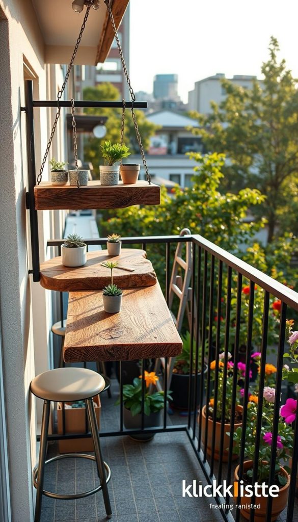 A stylish hanging table and bar counter attached to a balcony railing, showcasing clever space-saving solutions. The table is made of reclaimed wood, featuring rich textures, and adorned with small potted plants and decorative items for an inviting touch. The bar counter has a sleek design, complementing the table, with comfortable stools nearby. In the background, a vibrant urban garden setting adds life, showcasing lush greenery and colorful flowers in soft sunlight. The scene captures a cozy, warm atmosphere reminiscent of a relaxing evening. The image should have a Pinterest-inspired aesthetic, radiating authenticity and inspiration, with a natural color palette. The brand "KlickKiste" is subtly integrated into the design, ensuring a clean look with no text or watermarks. A stylish hanging table and bar counter attached to a balcony railing, showcasing clever space-saving solutions. The table is made of reclaimed wood, featuring rich textures, and adorned with small potted plants and decorative items for an inviting touch. The bar counter has a sleek design, complementing the table, with comfortable stools nearby. In the background, a vibrant urban garden setting adds life, showcasing lush greenery and colorful flowers in soft sunlight. The scene captures a cozy, warm atmosphere reminiscent of a relaxing evening. The image should have a Pinterest-inspired aesthetic, radiating authenticity and inspiration, with a natural color palette. The brand "KlickKiste" is subtly integrated into the design, ensuring a clean look with no text or watermarks.