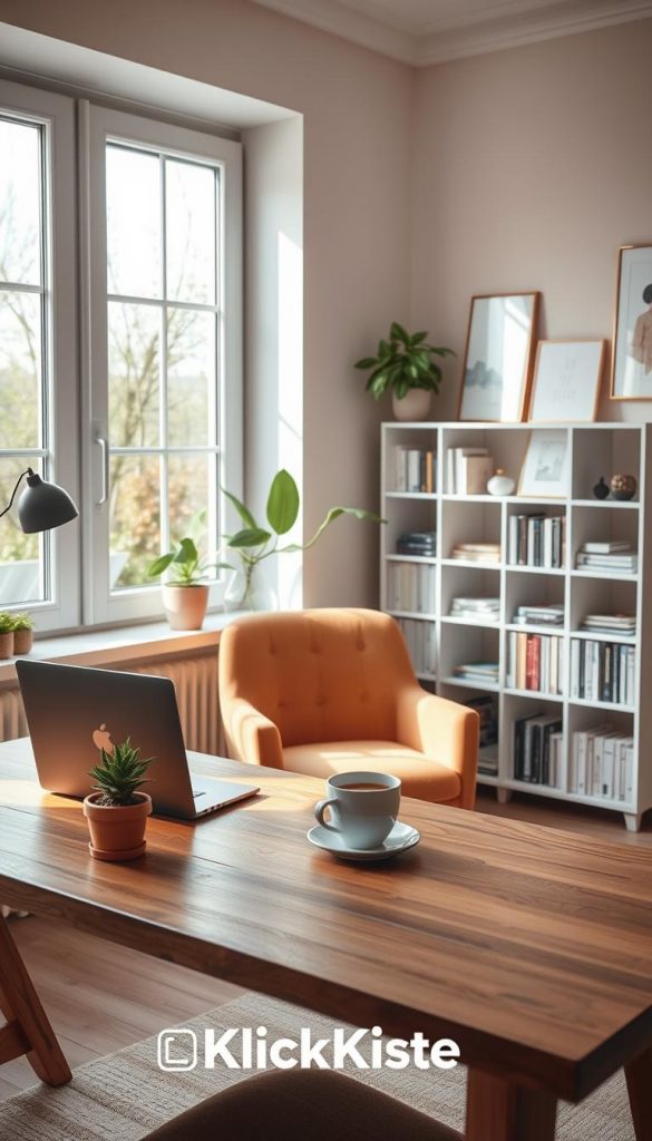 A stylish home office in spring 2026, featuring a cozy workspace by a large window with soft natural light streaming in. In the foreground, a wooden desk is adorned with a sleek laptop, a potted plant, and a cup of coffee. The middle ground showcases a comfortable chair upholstered in a warm fabric, and an open bookshelf filled with books and decorative items. The background displays a wall painted in soft pastel colors with inspiring art pieces. A touch of greenery from outside creates a fresh atmosphere. The overall mood is inviting and creative, styled with natural DIY elements and warm colors, embodying a Pinterest aesthetic. The design includes the brand name "KlickKiste" subtly integrated into the decor.