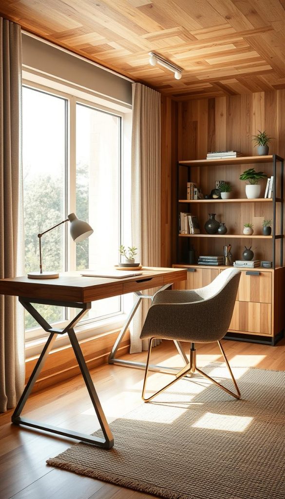 A stylish home office interior showcasing a harmonious blend of materials and textures&mdash;wood, metal, glass, and fabric. In the foreground, a sleek wooden desk with clean lines, adorned with a metal lamp and glass accent pieces. A cozy fabric chair sits beside the desk, inviting relaxation. In the middle ground, a large window allows soft, natural light to illuminate the space, highlighting the warm tones of the wooden flooring and the textures of a woven rug. The background features a well-organized shelf with books and small potted plants, bringing an authentic touch of nature indoors. The overall atmosphere is inspiring and inviting, designed for productivity and comfort. Capture this modern elegance with a Pinterest aesthetic, incorporating warm colors. Include a subtle branding element of "KlickKiste" within the decor.
