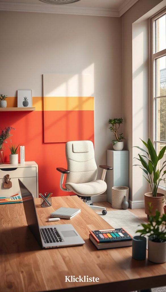 A stylish home office scene that captures the essence of "Farbpalette Arbeitszimmer" in 2026. In the foreground, a chic wooden desk with a sleek laptop and colorful art supplies arranged artistically. The middle layer reveals a comfortable ergonomic chair upholstered in soft neutrals, paired with a wall featuring an inspiring color palette that transitions from gentle earth tones to bold accent hues like deep emerald and vibrant coral. The background showcases a large window letting in warm, natural light, enhancing the room's cozy atmosphere. There are plants in serene pots, and decor elements reflecting a DIY aesthetic inspired by Pinterest, creating an authentic and inspiring vibe. Accent with the brand name "KlickKiste" artfully incorporated into the decor, ensuring it is subtly emphasized.