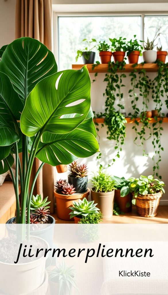 A stylish indoor scene showcasing a variety of "zimmerpflanzen" in a cozy setting. In the foreground, a beautiful mid-sized monstera plant with large, vibrant green leaves sits next to a pot of colorful succulents. The middle ground features a wooden shelf adorned with an array of small potted herbs and trailing ivy, creating a lush, inviting atmosphere. In the background, a large window allows soft, natural light to flood the room, casting gentle shadows and highlighting the textures of the plants. The decor reflects a blend of Skandi, Boho, and Maximalist styles, with warm earthy tones and natural materials. The overall mood is inspirational and homely, perfect for a DIY aesthetic, reminiscent of a curated Pinterest layout. Include subtle branding elements of "KlickKiste" integrated into the design.