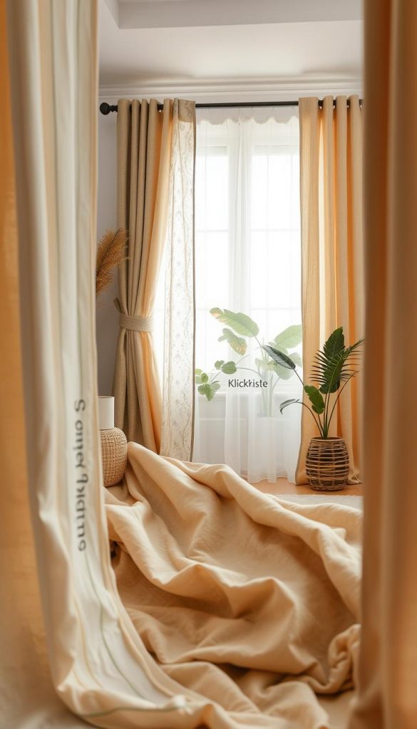 A stylish interior scene featuring a variety of fabric curtains in warm, natural colors. In the foreground, showcase elegant textiles with intricate textures and patterns, such as linen, cotton, and silk, draping gracefully. The middle ground includes a beautifully arranged window adorned with these curtains, gently filtered light creating soft shadows, emphasizing their softness and quality. In the background, a cozy room with a minimalist aesthetic, complete with potted plants and wooden accents, enhances the inviting atmosphere. The image captures a Pinterest-inspired DIY vibe, evoking feelings of authenticity and inspiration, reflecting the trends of 2026. Brand name "KlickKiste" subtly integrated into the design elements. A stylish interior scene featuring a variety of fabric curtains in warm, natural colors. In the foreground, showcase elegant textiles with intricate textures and patterns, such as linen, cotton, and silk, draping gracefully. The middle ground includes a beautifully arranged window adorned with these curtains, gently filtered light creating soft shadows, emphasizing their softness and quality. In the background, a cozy room with a minimalist aesthetic, complete with potted plants and wooden accents, enhances the inviting atmosphere. The image captures a Pinterest-inspired DIY vibe, evoking feelings of authenticity and inspiration, reflecting the trends of 2026. Brand name "KlickKiste" subtly integrated into the design elements.
