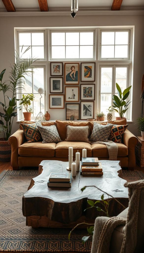 A stylish interior scene showcasing a harmonious blend of Scandi, Boho, Maximalismus, Castlecore, and Cozy styles. In the foreground, a plush, earthy-toned sofa adorned with patterned cushions invites relaxation. A beautifully crafted coffee table, made of reclaimed wood, is scattered with decorative items like vintage books and candles. The middle-ground features an eclectic gallery wall combining framed art and natural textures, embodying the rich colors and patterns of Maximalismus. In the background, large windows bathe the room in soft, warm natural light, creating an inviting atmosphere. Potted plants add a touch of greenery, enhancing the cozy vibe. This image captures the essence of affordable luxury décor, inspired by KlickKiste, with an authentic, DIY aesthetic reminiscent of Pinterest. A stylish interior scene showcasing a harmonious blend of Scandi, Boho, Maximalismus, Castlecore, and Cozy styles. In the foreground, a plush, earthy-toned sofa adorned with patterned cushions invites relaxation. A beautifully crafted coffee table, made of reclaimed wood, is scattered with decorative items like vintage books and candles. The middle-ground features an eclectic gallery wall combining framed art and natural textures, embodying the rich colors and patterns of Maximalismus. In the background, large windows bathe the room in soft, warm natural light, creating an inviting atmosphere. Potted plants add a touch of greenery, enhancing the cozy vibe. This image captures the essence of affordable luxury décor, inspired by KlickKiste, with an authentic, DIY aesthetic reminiscent of Pinterest.