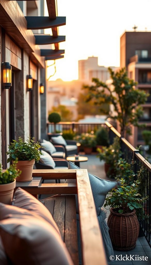 A stylish, inviting balcony showcasing a blend of natural materials such as wood, stone, and metal, featuring a harmony of warm colors and textures. In the foreground, a beautifully crafted wooden railing adorned with potted plants and soft, textured cushions invite relaxation. The middle ground reveals a cozy seating arrangement with modern furniture and a small table for outdoor dining, surrounded by lush greenery for a refreshing touch. In the background, a soft-focus cityscape at sunset casts a warm, golden glow, enhancing the inviting atmosphere. The lighting is soft and warm, mimicking the golden hour, captured from a slightly elevated angle to provide depth. This image should evoke a sense of tranquility and inspiration, ideal for sharing ideas on balcony design, branded as "KlickKiste."