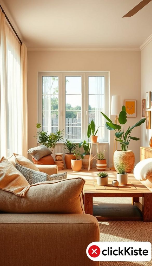 A stylish, inviting summer living room featuring a harmonious blend of proportions and styles. In the foreground, a cozy seating area with a comfortable, low-profile sofa adorned with soft, textured cushions in warm earth tones. A rustic wooden coffee table with a few creative DIY decor items. The middle ground showcases a large window with sheer curtains allowing natural sunlight to pour in, illuminating the space and casting gentle shadows. A mix of plants in various pots provides greenery and life. In the background, an accent wall painted in a soft pastel contrasts with a few colorful artworks. Warm, ambient lighting enhances the inviting atmosphere, creating a balanced scene that feels both serene and full of character. Captured with a slight angle to emphasize depth and warmth, reminiscent of a Pinterest-style inspiration, branded with the logo "KlickKiste".