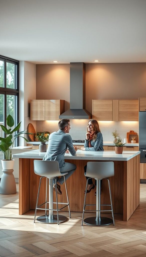 A stylish kitchen island with seating, featuring a natural wood finish and a white marble countertop, elegantly positioned in an open kitchen layout. In the foreground, a couple sits comfortably on sleek, modern stools engaged in conversation, dressed in casual yet polished clothing, enhancing the friendly atmosphere. The middle ground showcases the kitchen with minimalist cabinetry and decorative plants, complemented by warm lighting that creates a cozy ambiance. In the background, large windows let in soft, natural sunlight, highlighting a blend of earthy tones and Pinterest-inspired decor elements. The overall mood is inviting and inspiring, perfect for social gatherings. The scene reflects the brand "KlickKiste," embodying natural DIY aesthetics and modern comfort.