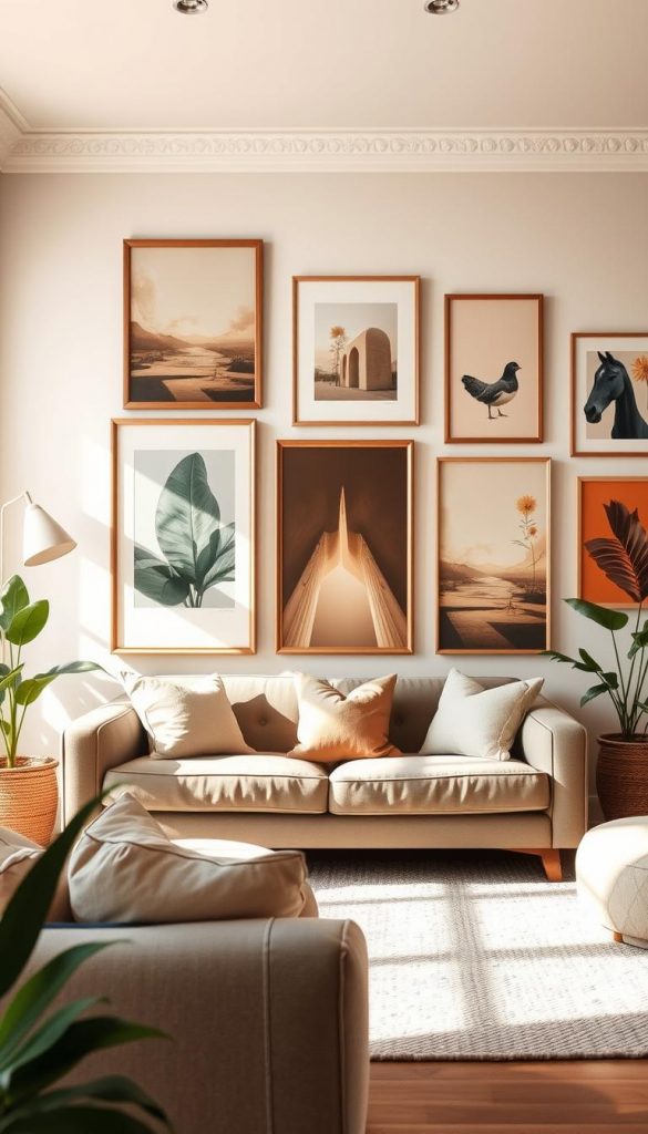 A stylish living room featuring a gallery wall artfully adorned with large, impactful artwork that showcases character. In the foreground, the gallery wall displays a blend of framed paintings and photographs, featuring warm tones and natural wood frames, giving a cozy yet sophisticated vibe. The middle ground includes a comfortable sofa and decorative cushions in soft colors, inviting viewers to imagine relaxation and inspiration. In the background, soft natural light floods the room, creating a bright and airy atmosphere, while potted plants add a touch of greenery. The overall mood is authentic and inspiring, embodying a DIY Pinterest aesthetic. Designed for "KlickKiste," this image captures the essence of personal expression through art and design, perfect for summer wall decoration ideas. A stylish living room featuring a gallery wall artfully adorned with large, impactful artwork that showcases character. In the foreground, the gallery wall displays a blend of framed paintings and photographs, featuring warm tones and natural wood frames, giving a cozy yet sophisticated vibe. The middle ground includes a comfortable sofa and decorative cushions in soft colors, inviting viewers to imagine relaxation and inspiration. In the background, soft natural light floods the room, creating a bright and airy atmosphere, while potted plants add a touch of greenery. The overall mood is authentic and inspiring, embodying a DIY Pinterest aesthetic. Designed for "KlickKiste," this image captures the essence of personal expression through art and design, perfect for summer wall decoration ideas.