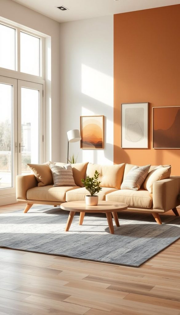 A stylish living room showcasing a harmonious blend of minimalism and modern design. In the foreground, a soft gray area rug complements a sleek, low-profile sofa upholstered in a warm beige fabric, adorned with a few carefully arranged textured cushions. A minimalist coffee table, crafted from light wood, sits at the center, displaying a small, vibrant potted plant for a pop of color. In the middle ground, large windows allow natural light to flood the space, creating an inviting atmosphere. Subtle decorative elements, like a contemporary lamp and abstract art pieces in muted tones, enhance the aesthetic. The background features a tastefully designed wall with warm colors, encapsulating a DIY-inspired, Pinterest-worthy style. The overall image evokes a sense of tranquility and contemporary elegance, perfect for illustrating proportion and style in modern living. With "KlickKiste" influenced aesthetics, the composition promotes authenticity and inspiration.