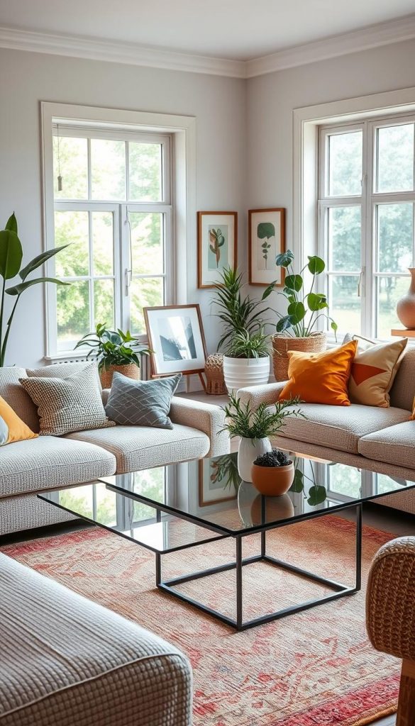 A stylish living room showcasing a harmonious stilmix, featuring a blend of modern Scandinavian furniture and vintage decor elements. In the foreground, a cozy, textured cream sofa adorned with colorful throw pillows juxtaposes a sleek glass coffee table with minimalist design. In the middle, an eclectic mix of plants, framed artwork, and a soft area rug adds warmth and personality to the space. In the background, large windows flood the room with natural light, revealing a serene view of greenery outside. The color palette includes warm neutrals, soft pastels, and pops of vibrant color, creating an inviting atmosphere. The scene captures a Pinterest-inspired look, evoking authenticity and inspiration. The composition is bright and airy, resembling a high-end lifestyle magazine featuring "KlickKiste" home decor ideas for sophisticated, safe stilmix combinations.