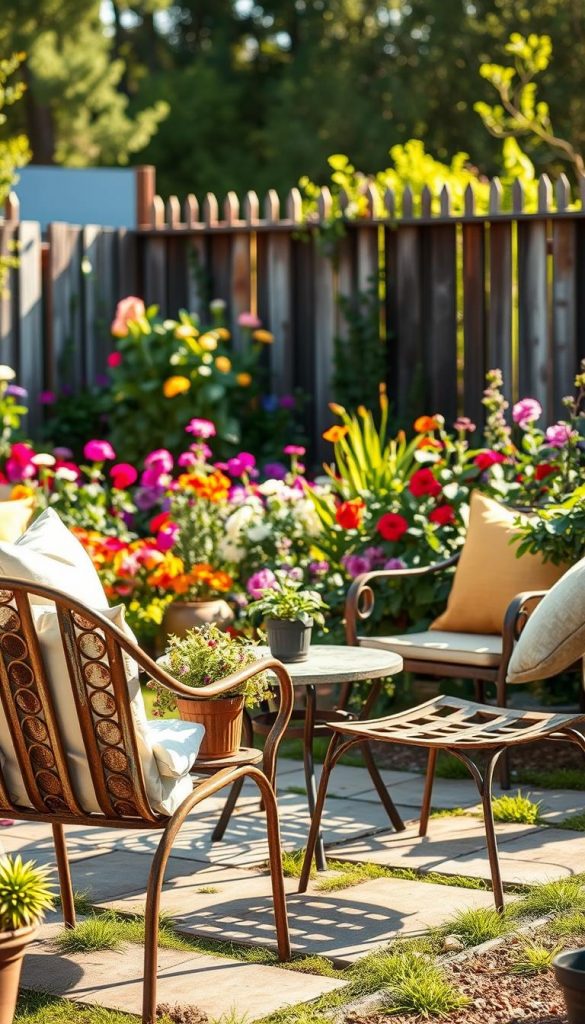 A stylish metal garden lounge featuring rusted steel furniture that embodies industrial chic, set against a natural backdrop of greenery and blooms. In the foreground, a cozy seating area with weathered metal chairs and a rustic table, adorned with potted plants and soft cushions for comfort. The middle ground showcases a vibrant array of flowers and foliage, bringing warmth and color to the scene. In the background, hints of a rustic fence and trees create a serene atmosphere. The lighting is warm and inviting, resembling a late afternoon glow, casting gentle shadows. The angle is slightly elevated, capturing the essence of a DIY garden inspired by the brand "KlickKiste," with an authentic, Pinterest-worthy look that feels both modern and inviting. A stylish metal garden lounge featuring rusted steel furniture that embodies industrial chic, set against a natural backdrop of greenery and blooms. In the foreground, a cozy seating area with weathered metal chairs and a rustic table, adorned with potted plants and soft cushions for comfort. The middle ground showcases a vibrant array of flowers and foliage, bringing warmth and color to the scene. In the background, hints of a rustic fence and trees create a serene atmosphere. The lighting is warm and inviting, resembling a late afternoon glow, casting gentle shadows. The angle is slightly elevated, capturing the essence of a DIY garden inspired by the brand "KlickKiste," with an authentic, Pinterest-worthy look that feels both modern and inviting.