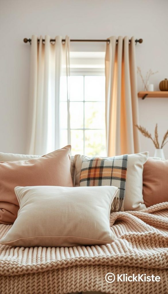 A stylish, minimalist interior scene showcasing a cozy textile layer. In the foreground, plush cushions in soft, muted colors are elegantly arranged on a warm knitted throw blanket. In the middle, a beautifully draped plaid adds texture, while lightweight curtains in natural fabric softly frame a window, allowing warm, golden light to filter through. The background features a simple wooden shelf adorned with minimalistic decor, enhancing the calming atmosphere. The overall composition should exude an inviting, homely feel, reflecting a warm autumn aesthetic. Shot with a soft focus lens to create a dreamy effect, emphasizing the softness and warmth of the textiles. Style reminiscent of Pinterest aesthetics, embodying authenticity and inspiration, with branding elements from "KlickKiste".