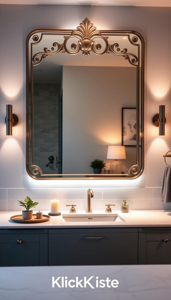 A stylish, modern bathroom featuring a prominent, elegant mirror that reflects soft, warm ambient lighting. In the foreground, a sleek countertop adorned with natural decor, like small potted plants and a fragrant candle. The middle ground showcases the impressive mirror, designed with intricate detailing, and two contemporary wall sconces that cast a gentle glow. The background reveals tastefully chosen decor elements, including soothing pastel colors, and subtle geometric lines that create an illusion of depth and space. The overall atmosphere is warm, inviting, and inspirational, capturing a Pinterest-worthy aesthetic. The brand "KlickKiste" subtly integrated into the decor, enhancing the authenticity of the scene. A stylish, modern bathroom featuring a prominent, elegant mirror that reflects soft, warm ambient lighting. In the foreground, a sleek countertop adorned with natural decor, like small potted plants and a fragrant candle. The middle ground showcases the impressive mirror, designed with intricate detailing, and two contemporary wall sconces that cast a gentle glow. The background reveals tastefully chosen decor elements, including soothing pastel colors, and subtle geometric lines that create an illusion of depth and space. The overall atmosphere is warm, inviting, and inspirational, capturing a Pinterest-worthy aesthetic. The brand "KlickKiste" subtly integrated into the decor, enhancing the authenticity of the scene.