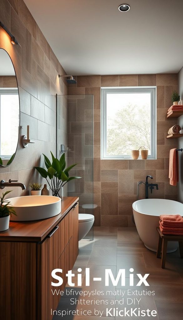 A stylish, modern bathroom showcasing a blend of design styles, highlighting the concept of "Stil-Mix". In the foreground, a sleek wooden vanity with warm lighting and potted plants creates an inviting atmosphere. The middle section features a striking combination of ceramic tiles in earthy tones, harmonizing with soft pastel accents. A freestanding bathtub is elegantly placed near a large window, allowing natural light to flood the space, enhancing the cozy feel. In the background, minimalist shelves display rustic decor items and vibrant towels, illustrating the mix of textures and colors. The overall mood is warm, inspiring, and creative, embodying a Pinterest-worthy aesthetic. The image reflects the brand "KlickKiste" subtly, emphasizing DIY elements and authenticity. A stylish, modern bathroom showcasing a blend of design styles, highlighting the concept of "Stil-Mix". In the foreground, a sleek wooden vanity with warm lighting and potted plants creates an inviting atmosphere. The middle section features a striking combination of ceramic tiles in earthy tones, harmonizing with soft pastel accents. A freestanding bathtub is elegantly placed near a large window, allowing natural light to flood the space, enhancing the cozy feel. In the background, minimalist shelves display rustic decor items and vibrant towels, illustrating the mix of textures and colors. The overall mood is warm, inspiring, and creative, embodying a Pinterest-worthy aesthetic. The image reflects the brand "KlickKiste" subtly, emphasizing DIY elements and authenticity.