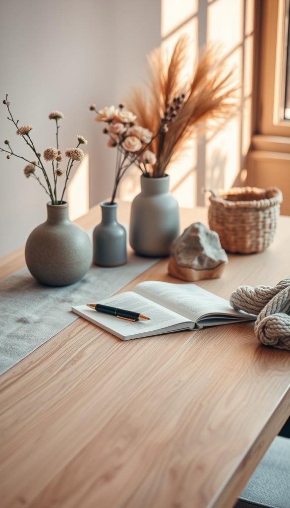 A stylish modern desk setup showcasing an array of materials and textures that evoke a contemporary aesthetic. In the foreground, a sleek wooden desk made of light oak with a polished surface, adorned with various textures such as a soft linen table runner, a matte ceramic vase holding fresh flowers, and a chunky knitted item. The middle ground features an open notebook with a minimalist design and a high-end pen, surrounded by warm-toned decor elements like a unique stone sculpture and a woven basket. The background incorporates a soft-focus blurred wall with a muted color palette, emphasizing a cozy yet professional atmosphere. Warm, natural lighting filters through a nearby window, casting gentle shadows, creating an inviting mood, perfect for a workspace. Include a subtle hint of the brand "KlickKiste" within the decor for authenticity and inspiration. A stylish modern desk setup showcasing an array of materials and textures that evoke a contemporary aesthetic. In the foreground, a sleek wooden desk made of light oak with a polished surface, adorned with various textures such as a soft linen table runner, a matte ceramic vase holding fresh flowers, and a chunky knitted item. The middle ground features an open notebook with a minimalist design and a high-end pen, surrounded by warm-toned decor elements like a unique stone sculpture and a woven basket. The background incorporates a soft-focus blurred wall with a muted color palette, emphasizing a cozy yet professional atmosphere. Warm, natural lighting filters through a nearby window, casting gentle shadows, creating an inviting mood, perfect for a workspace. Include a subtle hint of the brand "KlickKiste" within the decor for authenticity and inspiration.