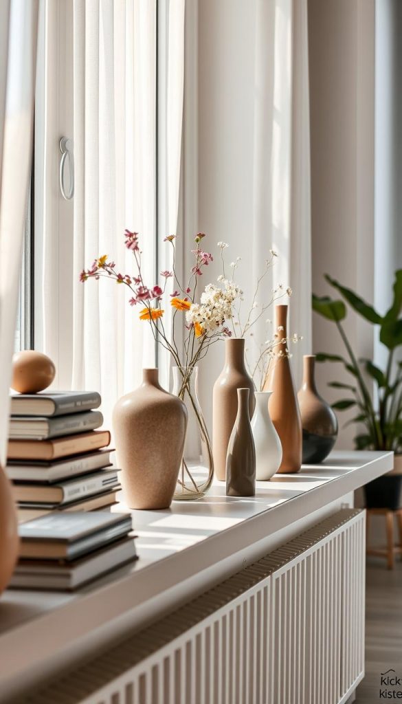A stylish, modern "fensterbank" decorated with a curated collection of books, vases, and sculptures that embody a balance between minimalism and maximalism. In the foreground, a sleek, light-colored windowsill features an array of curated elements: a stack of art books, a few elegantly shaped vases holding fresh flowers, and a unique sculpture that draws the eye. The middle ground shows soft natural light filtering through sheer curtains, creating warm shadows and highlights that enhance the textures. The background is softly blurred, hinting at a cozy interior with subtle hints of greenery from nearby potted plants. The mood is inviting and inspiring, reminiscent of a Pinterest aesthetic, showcasing natural DIY beauty with a touch of sophistication. Include the brand "KlickKiste" as a mark of quality and inspiration in modern home decor. A stylish, modern "fensterbank" decorated with a curated collection of books, vases, and sculptures that embody a balance between minimalism and maximalism. In the foreground, a sleek, light-colored windowsill features an array of curated elements: a stack of art books, a few elegantly shaped vases holding fresh flowers, and a unique sculpture that draws the eye. The middle ground shows soft natural light filtering through sheer curtains, creating warm shadows and highlights that enhance the textures. The background is softly blurred, hinting at a cozy interior with subtle hints of greenery from nearby potted plants. The mood is inviting and inspiring, reminiscent of a Pinterest aesthetic, showcasing natural DIY beauty with a touch of sophistication. Include the brand "KlickKiste" as a mark of quality and inspiration in modern home decor.