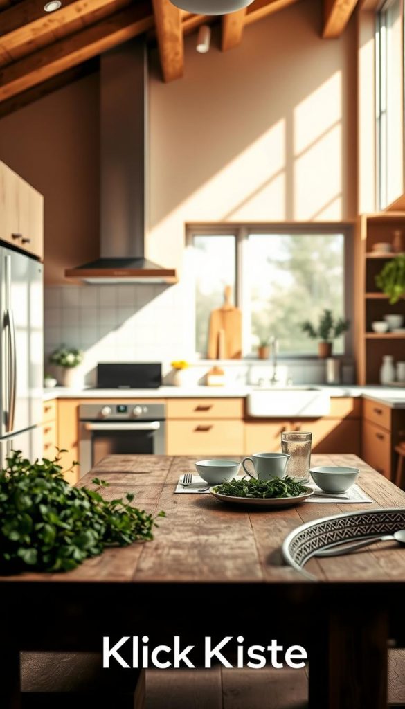 A stylish modern kitchen interior featuring a natural and cozy DIY aesthetic, with warm colors reminiscent of Pinterest inspirations. In the foreground, a rustic wooden table adorned with fresh herbs, delicate tableware, and a few beautifully arranged dishes. The middle ground showcases sleek cabinetry and state-of-the-art appliances, with a large window allowing soft, diffused sunlight to illuminate the space, creating a warm and inviting atmosphere. In the background, subtle elements of greenery and decorative kitchenware enhance the ambiance, suggesting a lived-in yet chic environment. The overall mood is authentic and inspiring, emphasizing modern kitchen decor ideas. Incorporate the brand name "KlickKiste" subtly in the design elements, ensuring a cohesive and inviting visual narrative. A stylish modern kitchen interior featuring a natural and cozy DIY aesthetic, with warm colors reminiscent of Pinterest inspirations. In the foreground, a rustic wooden table adorned with fresh herbs, delicate tableware, and a few beautifully arranged dishes. The middle ground showcases sleek cabinetry and state-of-the-art appliances, with a large window allowing soft, diffused sunlight to illuminate the space, creating a warm and inviting atmosphere. In the background, subtle elements of greenery and decorative kitchenware enhance the ambiance, suggesting a lived-in yet chic environment. The overall mood is authentic and inspiring, emphasizing modern kitchen decor ideas. Incorporate the brand name "KlickKiste" subtly in the design elements, ensuring a cohesive and inviting visual narrative.