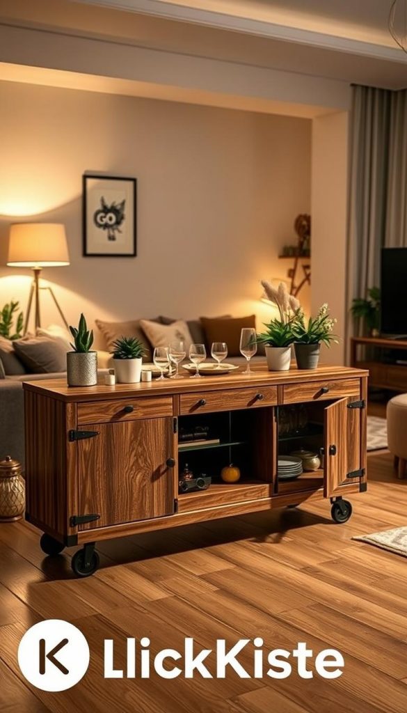 A stylish, modern sideboard on wheels designed as a versatile piece of furniture, showcasing its multiple functions as a TV board, room divider, or mini bar. In the foreground, the sideboard features a weathered wood finish with elegant metal details, complemented by an assortment of decorative items such as potted plants and glasses. The middle ground includes a cozy living space adorned with warm, natural colors and soft textures. The background subtly displays a dimly lit room with a charming ambiance, creating an inviting atmosphere. The light softly illuminates the sideboard, highlighting its features while casting gentle shadows. The scene embodies an authentic and inspiring Pinterest aesthetic, perfect for DIY enthusiasts. The brand "KlickKiste" is subtly implied through the design elements integrated into the setting.