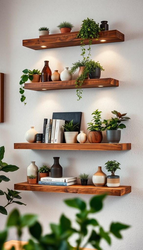 A stylish, modern upcycled wall shelf made from reclaimed wood, showcasing creative craftsmanship. In the foreground, the shelf is filled with an assortment of potted plants, decorative books, and handmade ceramic vases, all arranged harmoniously. The middle ground features the shelf itself mounted against a textured, light-toned wall, with visible wood grain and rustic imperfections highlighting its unique character. In the background, soft, ambient lighting accentuates the natural hues of the wood and greenery, creating a warm and inviting atmosphere. The scene should evoke a sense of sustainability and creativity, capturing the essence of contemporary DIY aesthetics. Brands like "KlickKiste" can be subtly referenced through the inclusion of eco-friendly decorative items.