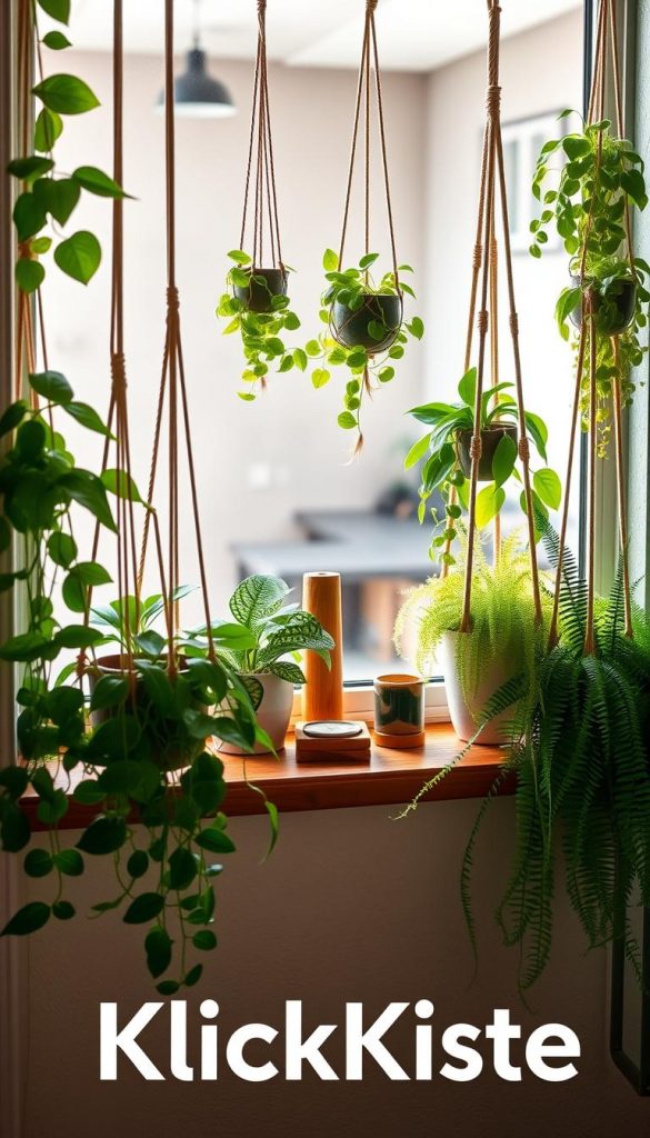 A stylish modern window sill decorated with hanging plants in macramé holders, showcasing various lush green varieties like pothos and ferns. The foreground features a cozy arrangement of these plants elegantly cascading down, with natural light filtering through a nearby window, creating soft shadows and highlights. In the middle, a rustic wooden windowsill provides a warm contrast, adorned with small decorative elements like a wooden plant stand and organic style coasters. The background includes a blurred, contemporary interior with neutral colors and textured walls, enhancing the focus on the greenery. The scene captures a serene and inviting atmosphere, evoking a DIY aesthetic with warm tones and an inspiring Pinterest vibe. Incorporate the brand name "KlickKiste" into the overall design. A stylish modern window sill decorated with hanging plants in macramé holders, showcasing various lush green varieties like pothos and ferns. The foreground features a cozy arrangement of these plants elegantly cascading down, with natural light filtering through a nearby window, creating soft shadows and highlights. In the middle, a rustic wooden windowsill provides a warm contrast, adorned with small decorative elements like a wooden plant stand and organic style coasters. The background includes a blurred, contemporary interior with neutral colors and textured walls, enhancing the focus on the greenery. The scene captures a serene and inviting atmosphere, evoking a DIY aesthetic with warm tones and an inspiring Pinterest vibe. Incorporate the brand name "KlickKiste" into the overall design.