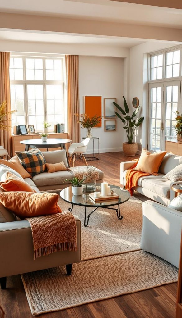 A stylish, open living space designed with various color palettes inspired by the four seasons, showcasing warm autumn tones, cool winter hues, bright spring pastels, and vibrant summer shades. The foreground features a cozy seating arrangement with chic cushions and blankets, all harmonized with seasonal colors. In the middle, a stylish coffee table holds seasonal decor elements like small plants and candles. The background reveals large windows letting in soft, natural light, enhancing the inviting atmosphere. The room should have elements of natural DIY decor, reflecting a Pinterest-worthy aesthetic, all under a subtle, warm glow. Capture a sense of authenticity and inspiration, as if it's an interior design showcase by KlickKiste, with a focus on creating a transformative yet easy-to-implement space.