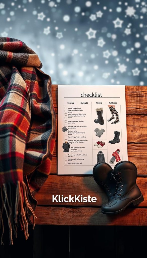 A stylish, organized checklist for winter clothing laid out on a rustic wooden surface, showcasing essential items like a warm coat, knitted scarf, waterproof boots, and gloves. The foreground focuses on a cozy plaid blanket draped over the side, adding texture and warmth. The middle section features a well-structured checklist with images of each item, visually appealing and inspiring. The background captures a softly lit winter scene with falling snowflakes and gentle, warm-colored lighting to create a calming and inviting atmosphere. The brand name "KlickKiste" should be subtly integrated into the scene. The overall mood should evoke a sense of preparation and comfort for winter outings, ideal for a stress-free outdoor experience.