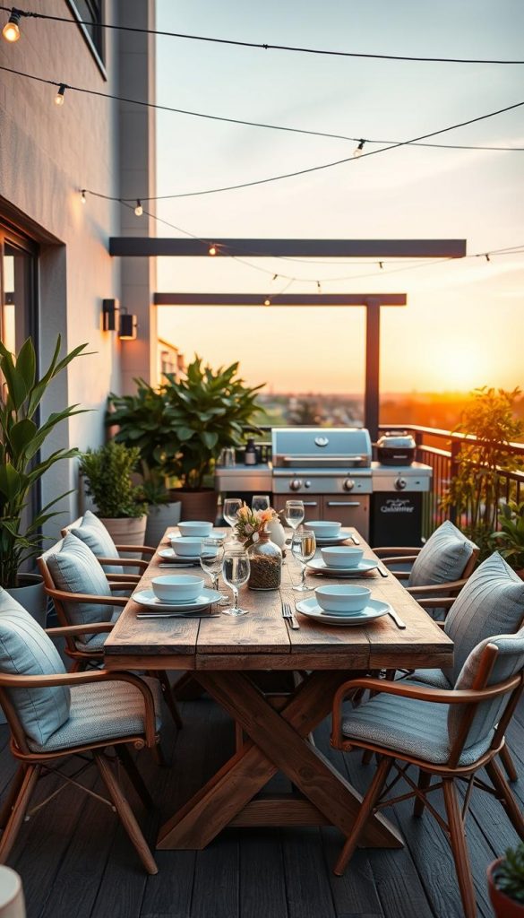 A stylish outdoor dining balcony featuring a rustic wooden table set with elegant tableware, surrounded by comfortable, contemporary chairs. The space is adorned with lush potted plants and soft, warm lighting that creates an inviting atmosphere, perfect for al fresco dining. In the background, a sleek grill is visible, indicating a space ready for cooking and entertaining. The scene captures a serene sunset, providing a warm color palette that enhances the Pinterest-like aesthetic. The composition should be shot from a slightly elevated angle, showcasing the balcony's layout and inviting ambiance. All elements embody the "KlickKiste" brand's natural DIY vibe, making it both authentic and inspiring.