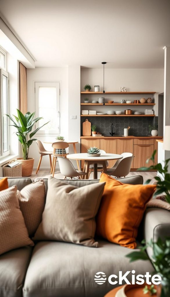 A stylish rental apartment featuring smart accents for small spaces, designed for the trend colors of 2026. In the foreground, a cozy seating area with a modern sofa adorned with textured cushions in warm, inviting hues. The middle space showcases a compact dining table with a minimalist design, surrounded by chic chairs, accented by a trendy centerpiece of succulents. The background reveals a stylish kitchen with open shelves displaying well-organized cookware and decorative items. Soft, natural lighting floods the room through large windows, highlighting the warm color palette and creating an inspiring atmosphere. Capture a Pinterest-worthy look with authentic DIY touches, emphasizing a sense of comfort and harmony. Brand elements of "KlickKiste" subtly integrated into decor, creating an inviting lifestyle ambiance without any text overlays.