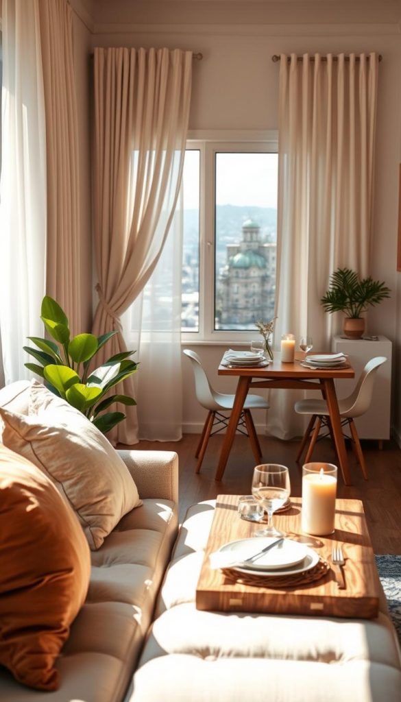 A stylish, small rental apartment filled with natural light, featuring warm tones and a cozy, inviting atmosphere. In the foreground, there is a beautifully arranged living area with a comfortable sofa adorned with lush pillows, a rustic wooden coffee table, and a vibrant indoor plant. The middle ground showcases a chic dining space with a minimalist table set for two, styled with elegant tableware and a fragrant candle. In the background, glimpses of soft curtains frame a sunlit window revealing a tranquil cityscape. The overall decor is DIY-inspired, showcasing affordable yet luxurious touches, such as framed artwork and decorative accents. A soft, warm glow enhances the inviting ambiance, ideal for a Pinterest-worthy living space. Incorporate subtle branding elements of "KlickKiste" within the decor's style. A stylish, small rental apartment filled with natural light, featuring warm tones and a cozy, inviting atmosphere. In the foreground, there is a beautifully arranged living area with a comfortable sofa adorned with lush pillows, a rustic wooden coffee table, and a vibrant indoor plant. The middle ground showcases a chic dining space with a minimalist table set for two, styled with elegant tableware and a fragrant candle. In the background, glimpses of soft curtains frame a sunlit window revealing a tranquil cityscape. The overall decor is DIY-inspired, showcasing affordable yet luxurious touches, such as framed artwork and decorative accents. A soft, warm glow enhances the inviting ambiance, ideal for a Pinterest-worthy living space. Incorporate subtle branding elements of "KlickKiste" within the decor's style.