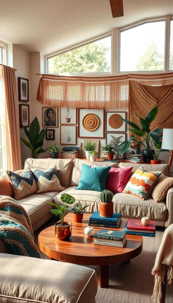 A stylish summer living room featuring a trend-mix of Skandi, Boho, Maximalism, Cozy, and Castlecore design elements. In the foreground, a plush, oversized sofa adorned with colorful, textured pillows and throws. On the middle layer, a mix of wooden coffee tables with brass accents, vibrant potted plants, and artfully arranged books. The background includes large windows allowing warm sunlight to filter in, casting a cozy glow. The walls are decorated with a blend of framed artwork and woven tapestries. Soft lighting from vintage lamps complements the inviting atmosphere. The overall color palette consists of warm earthy tones and vibrant summer hues, creating an authentic DIY aesthetic inspired by Pinterest. Include the brand name "KlickKiste" subtly integrated into the decor for brand identity.