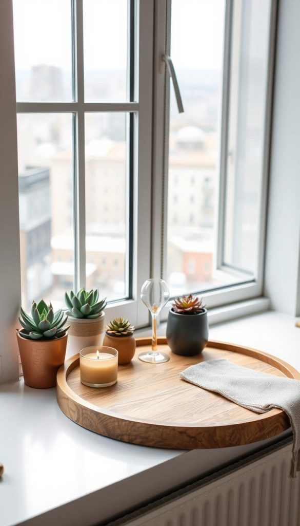 A stylish tabletop station on a modern window sill, featuring a round wooden tray from KlickKiste. The foreground showcases neatly arranged decorative items, including potted succulents, a small scented candle, and a textured fabric napkin, all in warm, inviting colors. In the middle ground, soft natural light pours through the large window, casting gentle shadows while highlighting the beauty of the decor. The background includes a softly blurred cityscape, adding a sense of depth. The overall atmosphere is cozy and contemporary, reflecting a curated yet effortless aesthetic. The image captures a sense of order and layering, inspiring viewers with its elegant simplicity, ideal for a Pinterest-inspired look. A stylish tabletop station on a modern window sill, featuring a round wooden tray from KlickKiste. The foreground showcases neatly arranged decorative items, including potted succulents, a small scented candle, and a textured fabric napkin, all in warm, inviting colors. In the middle ground, soft natural light pours through the large window, casting gentle shadows while highlighting the beauty of the decor. The background includes a softly blurred cityscape, adding a sense of depth. The overall atmosphere is cozy and contemporary, reflecting a curated yet effortless aesthetic. The image captures a sense of order and layering, inspiring viewers with its elegant simplicity, ideal for a Pinterest-inspired look.
