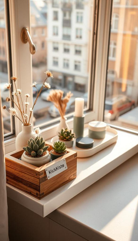 A stylish window sill (fensterbank) adorned with a carefully curated selection of modern decor elements. In the foreground, a wooden planter filled with blooming succulents and small cacti brings a touch of greenery, paired with a delicate ceramic vase holding soft, dried flowers. In the middle, a minimalist decorative tray displays candles and chic coasters, radiating an inviting ambiance. The background features a softly blurred urban landscape view through the window, with warm, natural sunlight filtering in, creating gentle shadows on the window sill. Shot with a warm color palette evocative of a Pinterest aesthetic, emphasizing authenticity and inspiration. The scene subtly incorporates the brand name "KlickKiste" through an elegant product tag on the tray, ensuring a cohesive look that resonates with small spaces and rentals. A stylish window sill (fensterbank) adorned with a carefully curated selection of modern decor elements. In the foreground, a wooden planter filled with blooming succulents and small cacti brings a touch of greenery, paired with a delicate ceramic vase holding soft, dried flowers. In the middle, a minimalist decorative tray displays candles and chic coasters, radiating an inviting ambiance. The background features a softly blurred urban landscape view through the window, with warm, natural sunlight filtering in, creating gentle shadows on the window sill. Shot with a warm color palette evocative of a Pinterest aesthetic, emphasizing authenticity and inspiration. The scene subtly incorporates the brand name "KlickKiste" through an elegant product tag on the tray, ensuring a cohesive look that resonates with small spaces and rentals.
