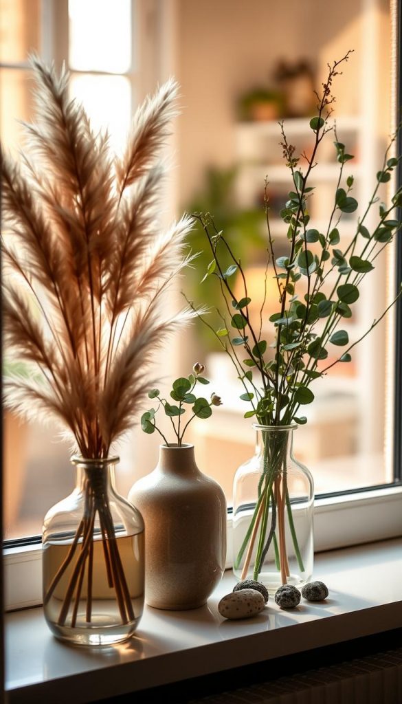 A stylish window sill (fensterbank) adorned with fresh seasonal flowers and branches. In the foreground, arrange elegant vases featuring pampas grass and eucalyptus, showcasing their delicate textures and natural colors. The middle layer reveals a softly lit background with a sunny, warm ambiance illuminating the scene, enhancing the earthy tones of the decorations. Add hints of greenery and decorative stones for a rustic touch. The background should feature a blurred view of a cozy interior, evoking a Pinterest-inspired DIY vibe. Capture the image with a warm focus, using a wide-angle lens to create depth. Overall, the atmosphere should be authentic and inspiring, reflecting the modern decorative approach of KlickKiste. A stylish window sill (fensterbank) adorned with fresh seasonal flowers and branches. In the foreground, arrange elegant vases featuring pampas grass and eucalyptus, showcasing their delicate textures and natural colors. The middle layer reveals a softly lit background with a sunny, warm ambiance illuminating the scene, enhancing the earthy tones of the decorations. Add hints of greenery and decorative stones for a rustic touch. The background should feature a blurred view of a cozy interior, evoking a Pinterest-inspired DIY vibe. Capture the image with a warm focus, using a wide-angle lens to create depth. Overall, the atmosphere should be authentic and inspiring, reflecting the modern decorative approach of KlickKiste.