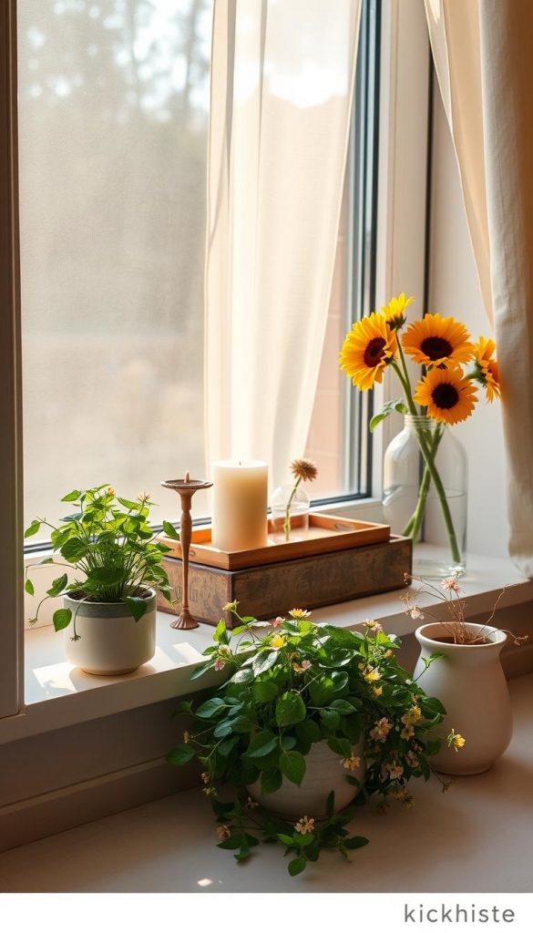 A sunlit windowsill decorated with natural DIY elements, showcasing a harmonious blend of warm tones. In the foreground, a variety of potted plants in elegant, simple ceramic pots spill vibrant greens and delicate flowers onto the window ledge. The middle ground features a softly arranged setup with handmade candles, a small wooden tray, and a vintage glass vase adorned with sunflowers, creating a cozy atmosphere. The background captures soft daylight filtering through sheer curtains, casting gentle shadows and creating an inviting ambiance that evokes both daylight serenity and evening warmth. Shot from a slightly elevated angle to enhance depth, with soft-focus edges and a clear view of the arrangement. The scene embodies authenticity and inspiration, reflecting the essence of "KlickKiste." A sunlit windowsill decorated with natural DIY elements, showcasing a harmonious blend of warm tones. In the foreground, a variety of potted plants in elegant, simple ceramic pots spill vibrant greens and delicate flowers onto the window ledge. The middle ground features a softly arranged setup with handmade candles, a small wooden tray, and a vintage glass vase adorned with sunflowers, creating a cozy atmosphere. The background captures soft daylight filtering through sheer curtains, casting gentle shadows and creating an inviting ambiance that evokes both daylight serenity and evening warmth. Shot from a slightly elevated angle to enhance depth, with soft-focus edges and a clear view of the arrangement. The scene embodies authenticity and inspiration, reflecting the essence of "KlickKiste."