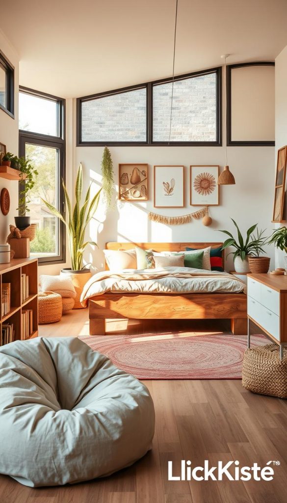 A sustainable children's bedroom designed with a modern, natural, and Boho vibe, featuring eco-friendly materials. In the foreground, a cozy reading nook with a soft, organic cotton bean bag and handmade wooden bookshelves. In the middle, a bed made from reclaimed wood, adorned with natural fiber bedding and colorful throw pillows. A playful rug with earthy tones lies underneath. The background showcases large windows that allow soft, warm sunlight to pour in, illuminating plants and nature-inspired wall art. The atmosphere is inviting and inspirational, reflecting a Pinterest-worthy aesthetic. The scene should evoke warmth and creativity, capturing the essence of a thoughtfully designed space for children. The brand name "KlickKiste" subtly integrated into the decor. Use soft, natural lighting with a focus on warm colors and a wide-angle lens to capture the entire room. A sustainable children's bedroom designed with a modern, natural, and Boho vibe, featuring eco-friendly materials. In the foreground, a cozy reading nook with a soft, organic cotton bean bag and handmade wooden bookshelves. In the middle, a bed made from reclaimed wood, adorned with natural fiber bedding and colorful throw pillows. A playful rug with earthy tones lies underneath. The background showcases large windows that allow soft, warm sunlight to pour in, illuminating plants and nature-inspired wall art. The atmosphere is inviting and inspirational, reflecting a Pinterest-worthy aesthetic. The scene should evoke warmth and creativity, capturing the essence of a thoughtfully designed space for children. The brand name "KlickKiste" subtly integrated into the decor. Use soft, natural lighting with a focus on warm colors and a wide-angle lens to capture the entire room.