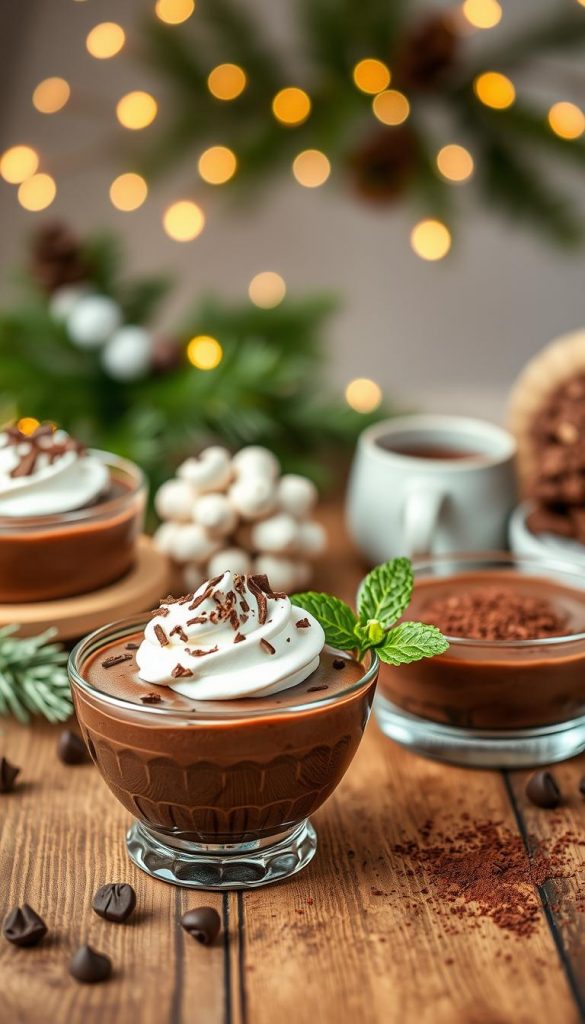 A tantalizing display of rich chocolate mousse and creamy desserts, beautifully arranged on a rustic wooden table. In the foreground, a delicate glass bowl filled with velvety dark chocolate mousse topped with whipped cream and chocolate shavings. Beside it, a smaller dish of smooth chocolate crème served with a sprinkle of cocoa powder and a fresh mint leaf for contrast. In the middle ground, a soft-focus backdrop of winter-themed decorations, like twinkling fairy lights and pine branches, creates a cozy atmosphere. Warm, natural lighting enhances the indulgent textures and rich colors, evoking a sense of joyful family gatherings. The overall mood is inviting and heartfelt, perfectly capturing the essence of "KlickKiste." A tantalizing display of rich chocolate mousse and creamy desserts, beautifully arranged on a rustic wooden table. In the foreground, a delicate glass bowl filled with velvety dark chocolate mousse topped with whipped cream and chocolate shavings. Beside it, a smaller dish of smooth chocolate crème served with a sprinkle of cocoa powder and a fresh mint leaf for contrast. In the middle ground, a soft-focus backdrop of winter-themed decorations, like twinkling fairy lights and pine branches, creates a cozy atmosphere. Warm, natural lighting enhances the indulgent textures and rich colors, evoking a sense of joyful family gatherings. The overall mood is inviting and heartfelt, perfectly capturing the essence of "KlickKiste."