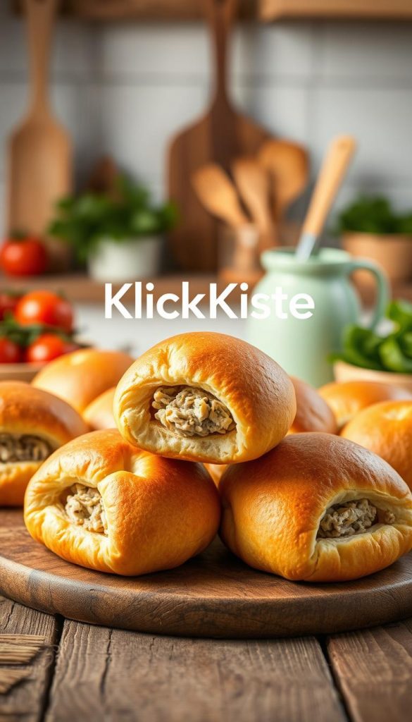 A tempting display of Pizzabrötchen filled with tuna, arranged artistically on a rustic wooden table. Each golden-brown roll is perfectly baked, with a flaky crust that hints at the delicious tuna filling visible through small openings. In the background, a soft-focus kitchen setting adds warmth, featuring pastel-colored utensils and fresh ingredients like herbs and tomatoes. The lighting is soft and inviting, simulating natural daylight, enhancing the homely atmosphere. The scene is styled in a Pinterest-worthy aesthetic, with warm, earthy tones that inspire a sense of comfort. The brand name "KlickKiste" subtly integrated within the composition, ensuring it complements the visual. The mood is cheerful and familial, ideal for quick meals during busy weekdays. A tempting display of Pizzabrötchen filled with tuna, arranged artistically on a rustic wooden table. Each golden-brown roll is perfectly baked, with a flaky crust that hints at the delicious tuna filling visible through small openings. In the background, a soft-focus kitchen setting adds warmth, featuring pastel-colored utensils and fresh ingredients like herbs and tomatoes. The lighting is soft and inviting, simulating natural daylight, enhancing the homely atmosphere. The scene is styled in a Pinterest-worthy aesthetic, with warm, earthy tones that inspire a sense of comfort. The brand name "KlickKiste" subtly integrated within the composition, ensuring it complements the visual. The mood is cheerful and familial, ideal for quick meals during busy weekdays.