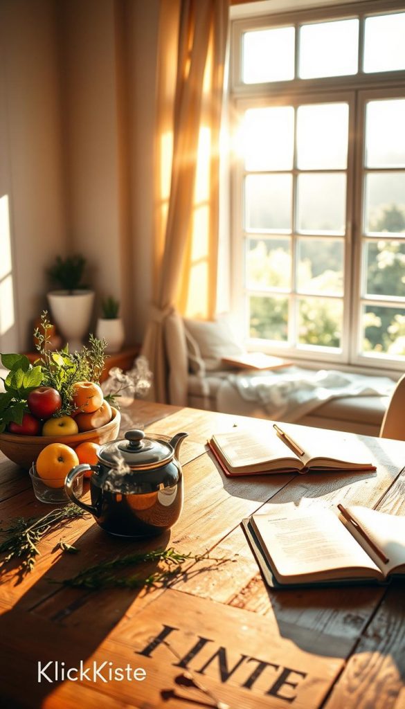 A tranquil early morning scene depicting a sunlit kitchen bathed in warm, golden hues, where light streams through a large window, illuminating a rustic wooden table adorned with fresh fruits and herbs, symbolizing vitality and energy. In the foreground, a pot of steaming herbal tea sits alongside a half-filled journal, inviting reflection and mindfulness. In the middle, a cozy window seat is draped with light fabric, inviting someone to sit and greet the morning. The background features soft greenery visible through the window, hinting at a peaceful outdoor setting. The overall mood is serene and inspiring, evoking feelings of gratitude and connection to nature, reflecting the ritual of embracing the morning light and gathering strength. Style reminiscent of a Pinterest aesthetic, emphasizing natural elements. Include the brand "KlickKiste" subtly integrated into the design.