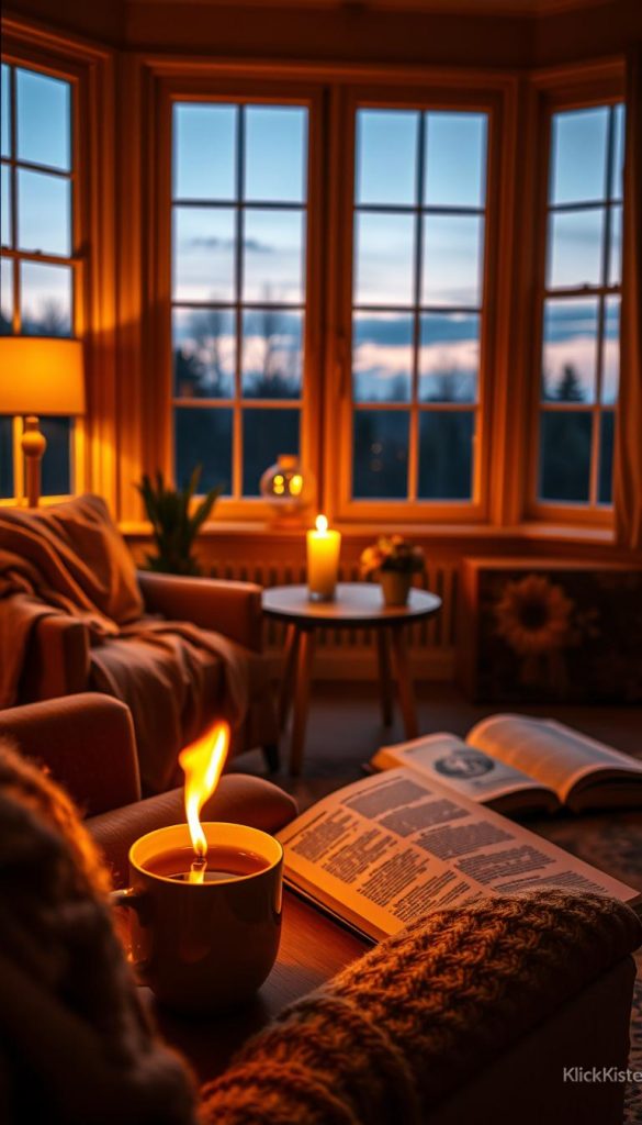A tranquil evening scene capturing a cozy living room bathed in warm, amber light. In the foreground, a comfortable armchair is adorned with soft blankets and a steaming mug of herbal tea resting on a small side table. The middle ground features a beautifully arranged table with a flickering candle and an open book, suggesting a serene ambiance. In the background, large windows reveal a peaceful twilight sky, punctuated by gentle stars emerging. The overall atmosphere exudes calmness and inspiration, ideal for unwinding after a busy day. The image should reflect a natural Pinterest aesthetic, appealing and authentic, incorporating the brand name "KlickKiste" subtly within the decor. The lighting is soft and inviting, reminiscent of a quiet evening retreat.