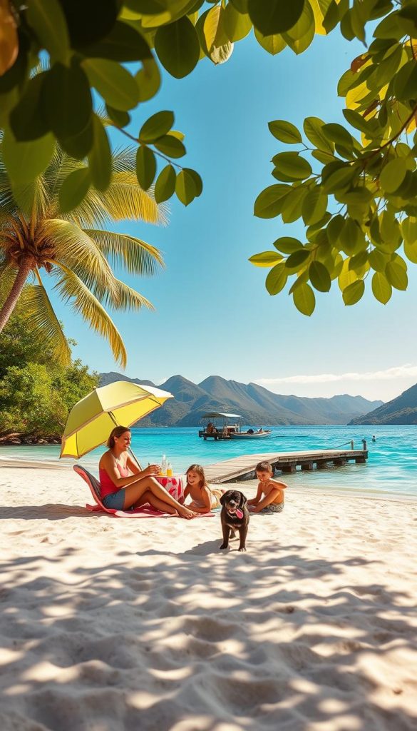 A tranquil, family-friendly island setting, perfect for quality family time, featuring a soft sandy beach bordered by gentle waves. In the foreground, a family of four enjoys a picnic under a colorful beach umbrella, smiling and engaging with one another while surrounded by a playful dog. The middle ground highlights lush tropical foliage and a small wooden dock, where a few kayaks are moored. In the background, sun-kissed hills rise against a clear blue sky, creating a peaceful atmosphere. Warm golden sunlight filters through the leaves, casting soft shadows. The image would embody a natural, authentic, and inspiring vibe, reminiscent of Pinterest aesthetics. Include the brand name "KlickKiste" subtly in the composition.