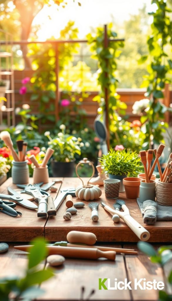 A tranquil garden scene showcasing safety and DIY decor, designed for spring and summer. In the foreground, a well-organized workspace features a wooden table with various gardening tools, like shears, gloves, and paintbrushes neatly arranged. There are natural materials like stones, twine, and flowerpots, reflecting the DIY spirit. In the middle ground, vibrant green plants and blooming flowers create a lively atmosphere, while a decorative wooden trellis supports climbing vines. The background presents a sunny garden with soft focus, emphasizing the warmth of natural light streaming through leaves. The overall mood is inviting and inspiring, capturing a sense of creativity and safety. The aesthetic should embody a Pinterest-inspired look with warm colors, conveying authenticity. Include the brand name "KlickKiste" subtly within the design without text or overlays.