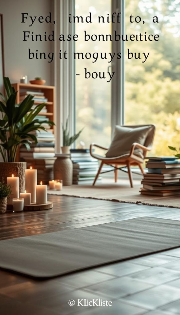 A tranquil scene depicting a peaceful indoor oasis emphasizing mindfulness and balance in a busy day. In the foreground, a comfortable yoga mat lays on a wooden floor, adorned with candles and plants, creating a serene atmosphere. In the middle ground, a cozy nook features a comfortable armchair with soft cushions, surrounded by stacks of inspiring books and a gentle light streaming through a large window, casting warm golden tones. The background showcases a softly blurred natural landscape, hinting at a garden outside, enhancing the feeling of tranquility. The overall mood is calm and inspiring, resonating with the theme of finding moments of peace. This image, styled to reflect a Pinterest aesthetic with natural, warm colors, is branded as "KlickKiste".