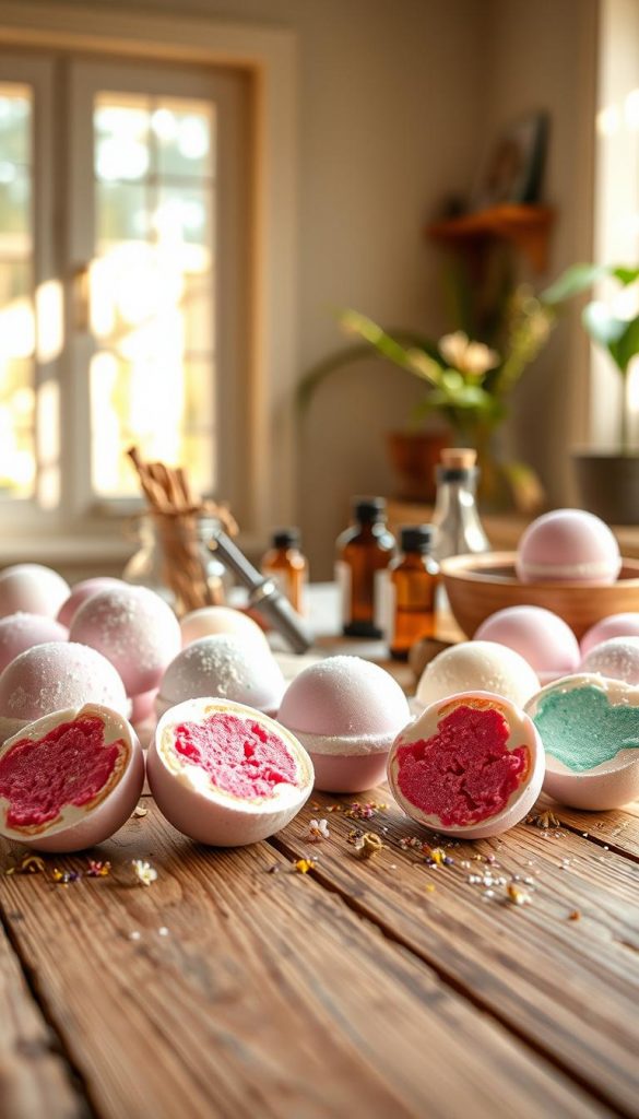 A tranquil scene featuring colorful DIY bath bombs arranged aesthetically on a rustic wooden table. In the foreground, highlight a variety of sparkling bath bombs in shades of lavender, pink, and mint green, with some half-spheres showing their vibrant insides. In the middle of the composition, include natural ingredients like dried flowers, essential oil bottles, and a small mixing bowl, all suggestive of a cozy DIY atmosphere. The background should display warm sunlight filtering through a window, casting gentle shadows and enhancing the inviting mood. Use a soft focus lens to create a dreamy effect, providing an authentic and inspiring Pinterest-like quality. The brand name "KlickKiste" subtly integrated into the scene, while maintaining a clean and inviting aesthetic, perfect for capturing the essence of a spa moment at home. A tranquil scene featuring colorful DIY bath bombs arranged aesthetically on a rustic wooden table. In the foreground, highlight a variety of sparkling bath bombs in shades of lavender, pink, and mint green, with some half-spheres showing their vibrant insides. In the middle of the composition, include natural ingredients like dried flowers, essential oil bottles, and a small mixing bowl, all suggestive of a cozy DIY atmosphere. The background should display warm sunlight filtering through a window, casting gentle shadows and enhancing the inviting mood. Use a soft focus lens to create a dreamy effect, providing an authentic and inspiring Pinterest-like quality. The brand name "KlickKiste" subtly integrated into the scene, while maintaining a clean and inviting aesthetic, perfect for capturing the essence of a spa moment at home.