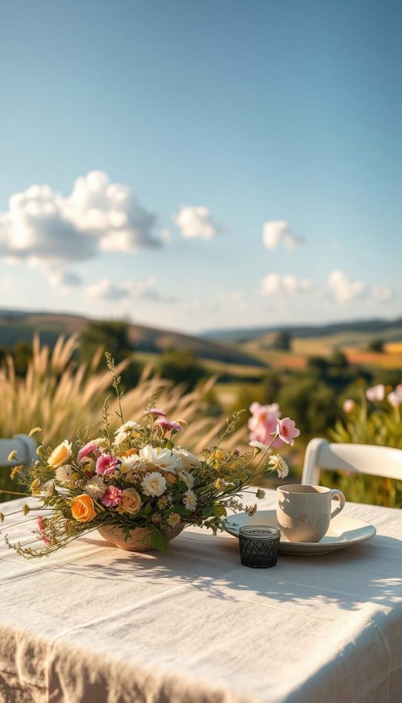 A tranquil summer scene inspired by the concept of "palette cozy nature." In the foreground, a beautifully arranged rustic table displays an array of warm, harmonious colors including soft pastel greens, yellows, and pinks, complemented by delicate wildflowers and a cozy, textured linen tablecloth. The middle ground features a serene garden with gentle, swaying grasses and blooming flowers, bathed in golden sunlight. In the background, a softly blurred landscape of rolling hills adds depth, with a clear blue sky dotted with cotton candy clouds. The lighting is warm and inviting, evoking a sense of summer ease and comfort. Captured with a wide-angle lens to enhance the cozy feel. The overall mood is peaceful, inspiring, and authentically natural, perfect for a KlickKiste theme. A tranquil summer scene inspired by the concept of "palette cozy nature." In the foreground, a beautifully arranged rustic table displays an array of warm, harmonious colors including soft pastel greens, yellows, and pinks, complemented by delicate wildflowers and a cozy, textured linen tablecloth. The middle ground features a serene garden with gentle, swaying grasses and blooming flowers, bathed in golden sunlight. In the background, a softly blurred landscape of rolling hills adds depth, with a clear blue sky dotted with cotton candy clouds. The lighting is warm and inviting, evoking a sense of summer ease and comfort. Captured with a wide-angle lens to enhance the cozy feel. The overall mood is peaceful, inspiring, and authentically natural, perfect for a KlickKiste theme.
