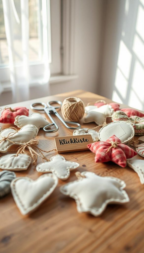 A variety of soft, handcrafted fabric gift tags made from textile scraps, elegantly displayed on a wooden table. The foreground features tags in various shapes—hearts, stars, and circles—crafted from colorful cotton and linen remnants, adorned with delicate stitching and twine. In the middle, a small pair of scissors and a spool of yarn hint at the DIY process, along with a charming wooden label with the brand name "KlickKiste" subtly etched into it. The background showcases diffused natural light coming through a nearby window, enhancing the warm, inviting atmosphere with soft shadows. The overall mood is cozy and inspiring, perfect for a Pinterest-style DIY project, showcasing the beauty of repurposed materials.