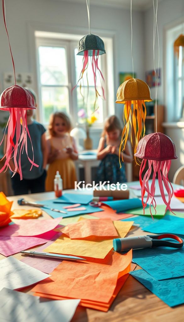 A vibrant DIY scene showcasing upcycling jellyfish made from colorful paper. In the foreground, a table is strewn with materials: sheets of textured paper in various hues, scissors, and glue. Delicate jellyfish crafted from these papers hang gracefully from invisible threads, casting playful shadows. In the middle ground, children engaged in the crafting process, wearing modest casual clothing, focused and joyful, surrounded by their creations. The background features a sunlit room with soft, warm lighting filtering through a window, adorned with drawings and completed crafts. The overall mood is cheerful and inspiring, capturing the essence of creativity and playfulness, ideal for the summer. The brand name "KlickKiste" subtly integrated into the scene as a decorative element.