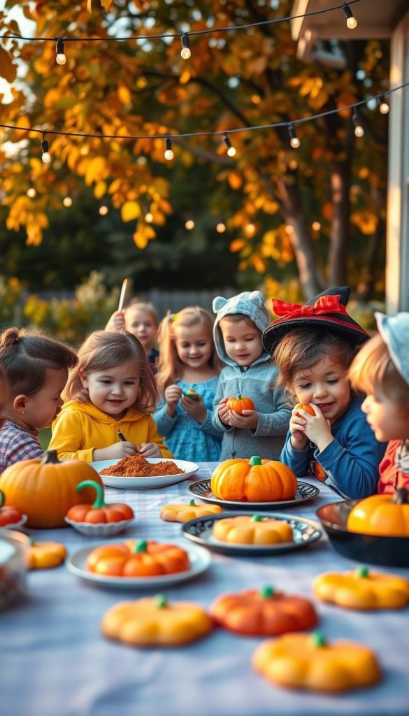 A vibrant Halloween-themed gathering, showcasing a diverse group of children happily celebrating together in a cozy outdoor setting. In the foreground, a table is adorned with colorful, allergy-friendly treats, such as pumpkin-shaped cookies made without common allergens. The middle ground features children wearing cute, non-scary costumes, enjoying activities like bobbing for apples and crafting festive decorations. In the background, warm autumn leaves rustle gently in the breeze, while fairy lights twinkle overhead, creating a magical atmosphere. The scene is bathed in golden hour lighting, enhancing the warm, inviting colors characteristic of fall celebrations. The overall mood is joyful and inclusive, emphasizing safety and enjoyment for all. The image should reflect the essence of "KlickKiste," focusing on authenticity and inspiration in a Pinterest-worthy style. A vibrant Halloween-themed gathering, showcasing a diverse group of children happily celebrating together in a cozy outdoor setting. In the foreground, a table is adorned with colorful, allergy-friendly treats, such as pumpkin-shaped cookies made without common allergens. The middle ground features children wearing cute, non-scary costumes, enjoying activities like bobbing for apples and crafting festive decorations. In the background, warm autumn leaves rustle gently in the breeze, while fairy lights twinkle overhead, creating a magical atmosphere. The scene is bathed in golden hour lighting, enhancing the warm, inviting colors characteristic of fall celebrations. The overall mood is joyful and inclusive, emphasizing safety and enjoyment for all. The image should reflect the essence of "KlickKiste," focusing on authenticity and inspiration in a Pinterest-worthy style.