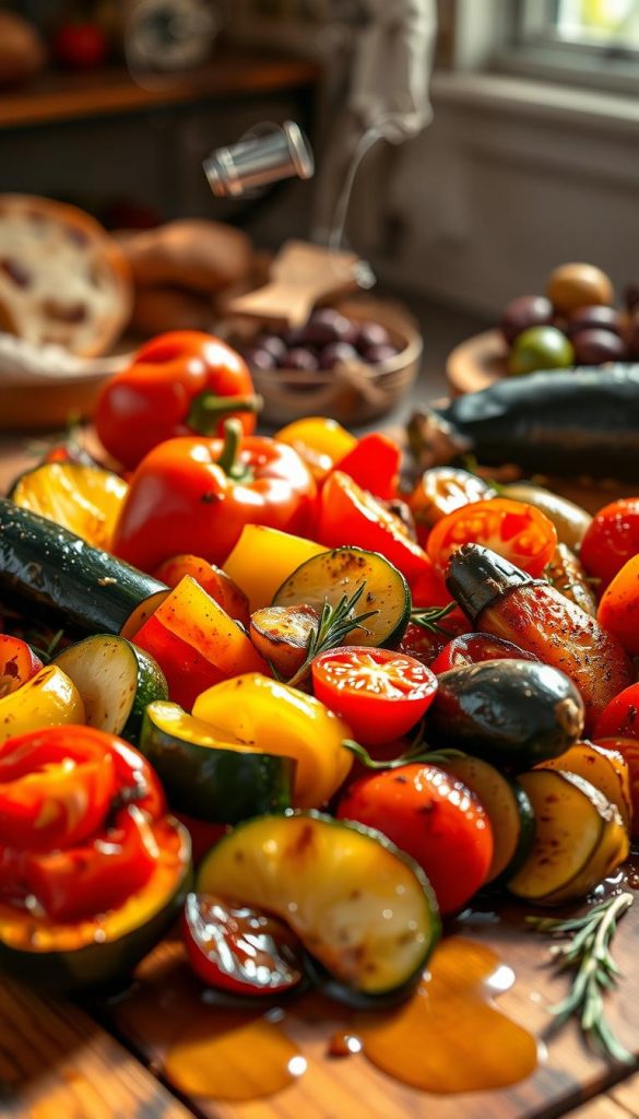 A vibrant, Mediterranean-style roasted vegetable dish featuring zucchini, bell peppers, tomatoes, and eggplants, artfully arranged on a rustic wooden table. In the foreground, the glossy, colorful vegetables exhibit a slight char, with subtle steam rising, hinting at freshness. The middle ground reveals an Olive oil drizzled over the vegetables, and aromatic herbs like rosemary and thyme sprinkled around. A warm, golden light bathes the scene, creating a cozy atmosphere reminiscent of a sunlit kitchen. In the background, soft-focus hints of other Mediterranean ingredients like olives and ciabatta add depth. The overall composition is inviting and inspirational, designed to evoke a natural, warm feeling, suitable for culinary exploration. Brand name: KlickKiste. A vibrant, Mediterranean-style roasted vegetable dish featuring zucchini, bell peppers, tomatoes, and eggplants, artfully arranged on a rustic wooden table. In the foreground, the glossy, colorful vegetables exhibit a slight char, with subtle steam rising, hinting at freshness. The middle ground reveals an Olive oil drizzled over the vegetables, and aromatic herbs like rosemary and thyme sprinkled around. A warm, golden light bathes the scene, creating a cozy atmosphere reminiscent of a sunlit kitchen. In the background, soft-focus hints of other Mediterranean ingredients like olives and ciabatta add depth. The overall composition is inviting and inspirational, designed to evoke a natural, warm feeling, suitable for culinary exploration. Brand name: KlickKiste.