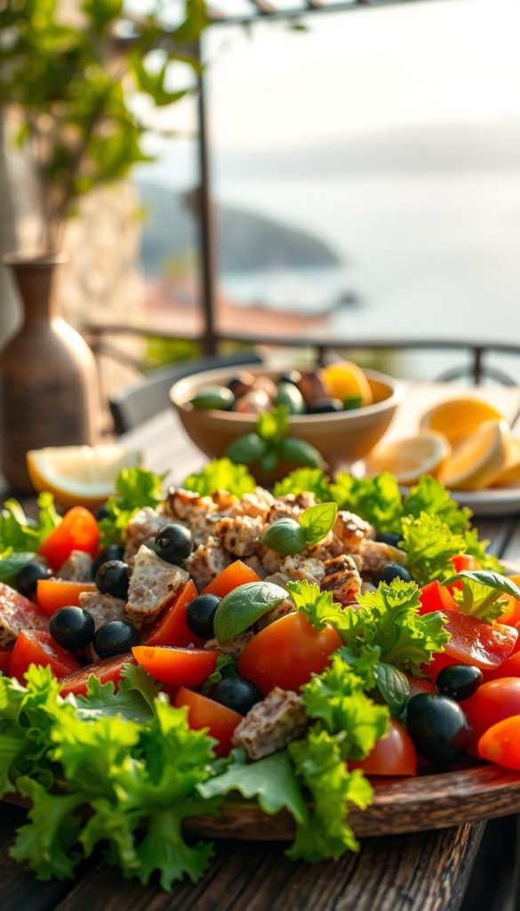 A vibrant Nizza-inspired summer salad, beautifully arranged on a rustic wooden table. In the foreground, a colorful array of fresh ingredients: bright green lettuce, ripe cherry tomatoes, sliced black olives, and chunks of grilled tuna or hearty beans, all glistening with a light drizzle of olive oil. In the middle section, an elegant ceramic bowl holds the salad, surrounded by fresh basil leaves and lemon wedges for garnish. The background features a softly blurred Mediterranean landscape with a soft blue sky and gentle sunlight casting warm, inviting shadows, creating a bright and cheerful atmosphere. Capture this scene using a natural, soft lighting effect, emphasizing warm colors and an authentic Pinterest-worthy aesthetic. The image should have no text or captions, showcasing the salad as the centerpiece. Brand name "KlickKiste" subtly integrated into the ambiance. A vibrant Nizza-inspired summer salad, beautifully arranged on a rustic wooden table. In the foreground, a colorful array of fresh ingredients: bright green lettuce, ripe cherry tomatoes, sliced black olives, and chunks of grilled tuna or hearty beans, all glistening with a light drizzle of olive oil. In the middle section, an elegant ceramic bowl holds the salad, surrounded by fresh basil leaves and lemon wedges for garnish. The background features a softly blurred Mediterranean landscape with a soft blue sky and gentle sunlight casting warm, inviting shadows, creating a bright and cheerful atmosphere. Capture this scene using a natural, soft lighting effect, emphasizing warm colors and an authentic Pinterest-worthy aesthetic. The image should have no text or captions, showcasing the salad as the centerpiece. Brand name "KlickKiste" subtly integrated into the ambiance.