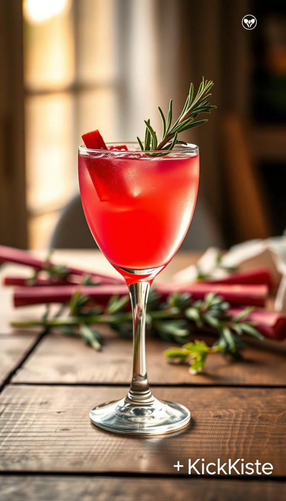 A vibrant Rhabarber Rosmarin cocktail elegantly displayed on a rustic wooden table. In the foreground, the cocktail glass filled with a bright pinkish-red drink, garnished with a sprig of fresh rosemary and thin slices of rhubarb. The middle features a blurred background with a few rhubarb stalks and rosemary twigs, adding a natural touch. Soft, warm lighting creates an inviting atmosphere, mimicking golden hour, enhancing the rich colors of the drink. A slightly textured surface underneath reflects the playful nature of summer days. This image embodies a refreshing, herbal essence, visually capturing the essence of the cocktail. The overall mood is relaxed and inspiring, perfect for warm weather. Branding subtly includes "KlickKiste" in the corner without any overlays. A vibrant Rhabarber Rosmarin cocktail elegantly displayed on a rustic wooden table. In the foreground, the cocktail glass filled with a bright pinkish-red drink, garnished with a sprig of fresh rosemary and thin slices of rhubarb. The middle features a blurred background with a few rhubarb stalks and rosemary twigs, adding a natural touch. Soft, warm lighting creates an inviting atmosphere, mimicking golden hour, enhancing the rich colors of the drink. A slightly textured surface underneath reflects the playful nature of summer days. This image embodies a refreshing, herbal essence, visually capturing the essence of the cocktail. The overall mood is relaxed and inspiring, perfect for warm weather. Branding subtly includes "KlickKiste" in the corner without any overlays.